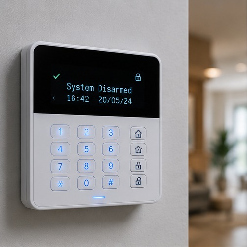 Burglar alarm keypad installed inside a home