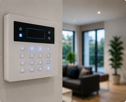 Modern alarm system keypad in a home