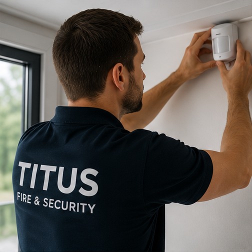 Engineer installing a burglar alarm motion sensor
