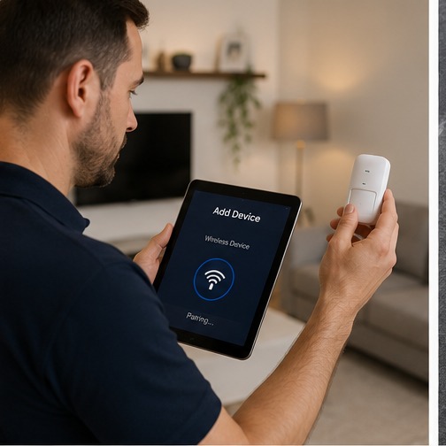 Engineer pairing a wireless alarm device
