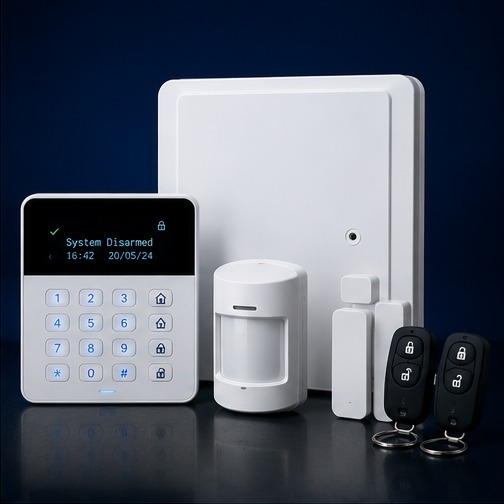 Burglar alarm system kit with keypad sensors and key fobs