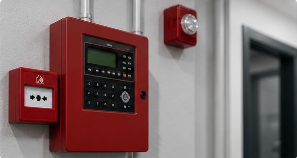 Commercial fire alarm system panel installed on a wall