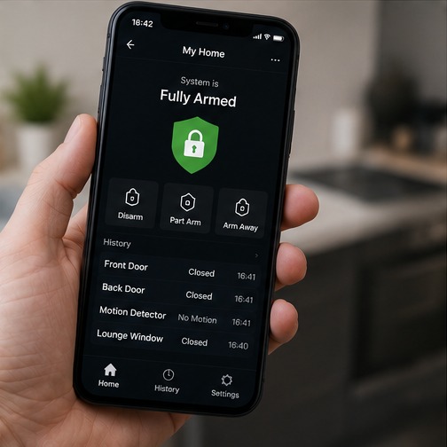 Smart alarm mobile app showing armed home security system